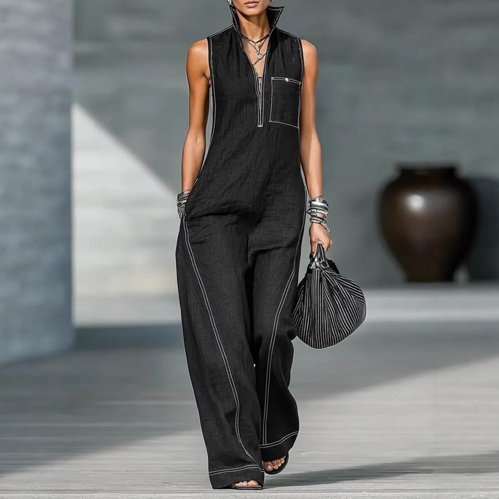 Women's Stand Collar Sleeveless Loose Fit Jumpsuit with Zipper Front and Stitching for Casual Wear