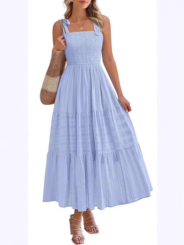 2026 European Summer Beach Pleated A-line Strappy Dress with Pockets