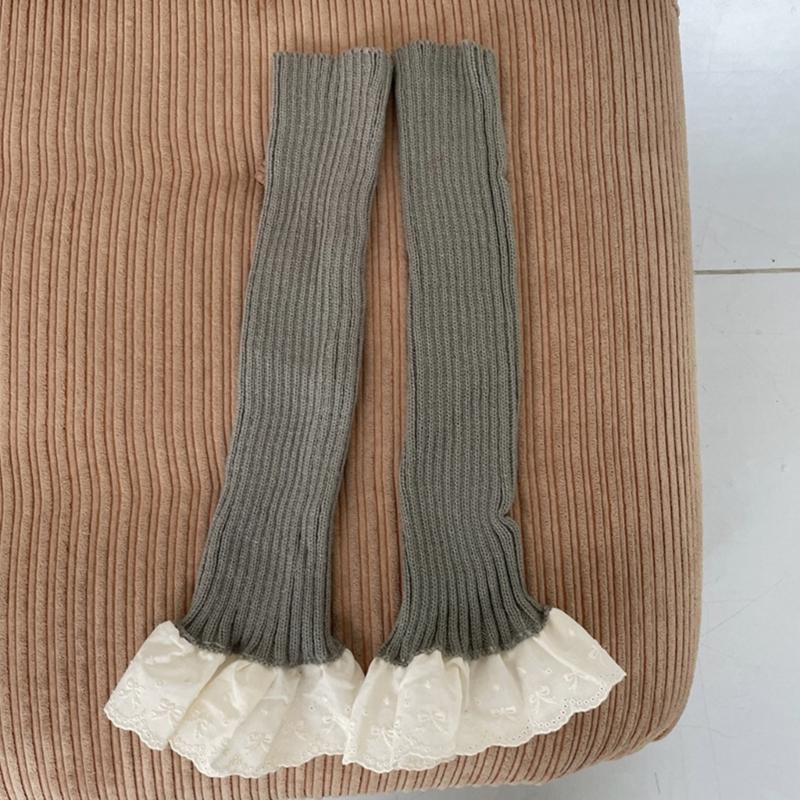 Ribbed Knitted Vertical Striped Leg Warmers Boot Cuffs Cute Ruffled Lace Hem Leg Covers Over Calf Long Socks for Women