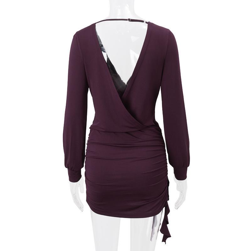 Spring Sexy Deep V-neck Solid Color Long Sleeved Hip Hugging Dress for Women
