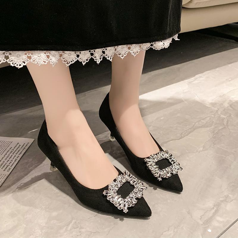Autumn New Thin Heel Shoes Women's Fashion Pointy Shallow Mouth Suede Crystal Buckle Non-slip High Heels