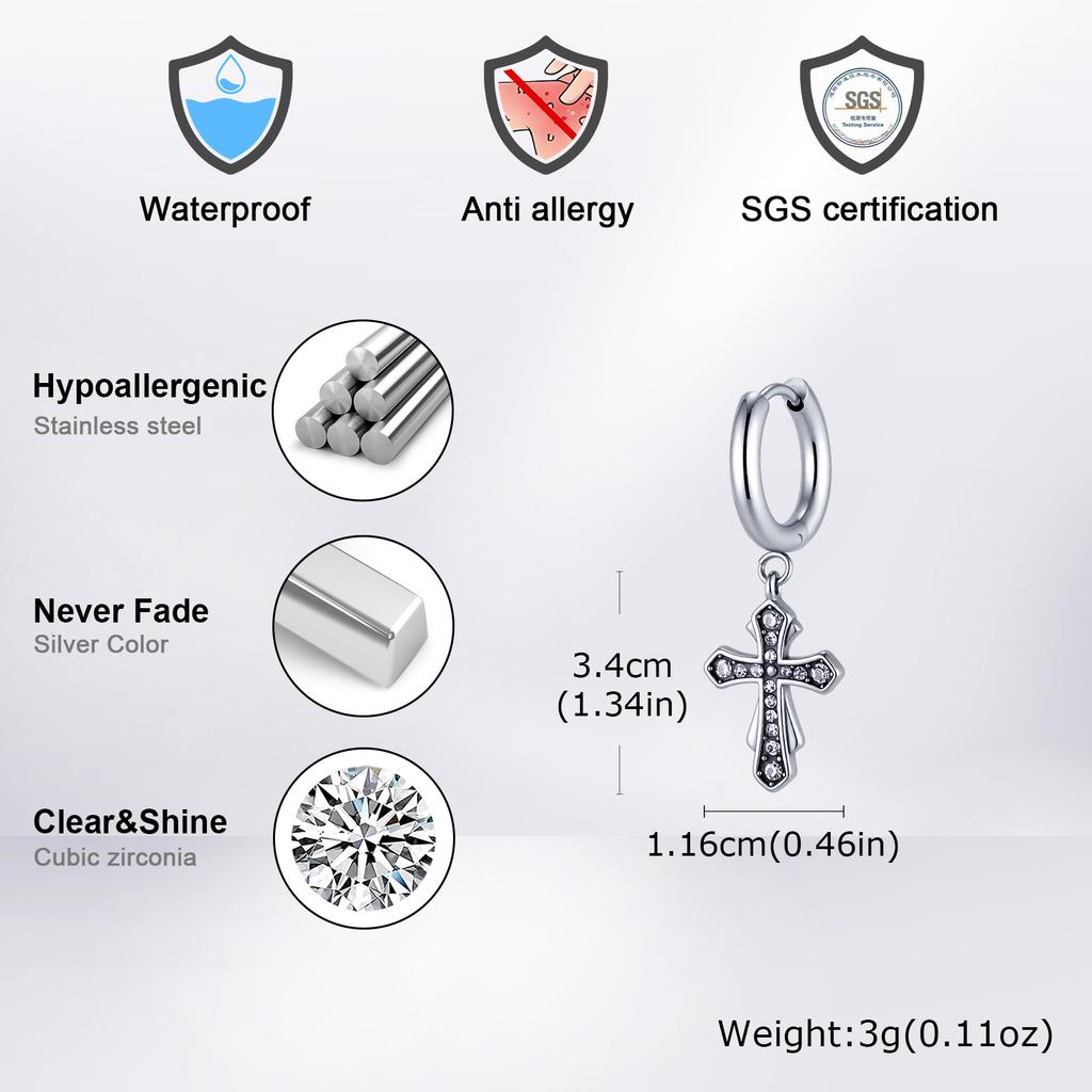 High Quality Cross Hoop Earring for Men,Hypoallergenic Stainless Steel Cross Charms Pierced Earring,Hip Hop Trendy Jewelry