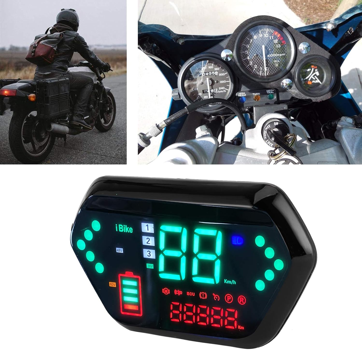 Keenso Motorcycle Speedometer, 48V/60V High-Definition LCD Display Universal Digital Tachometer Odometer Gauge