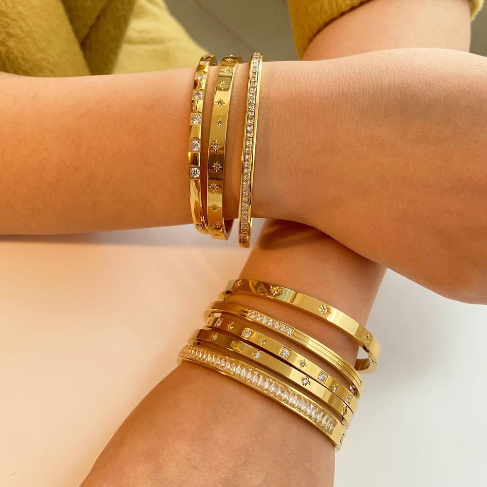 European Luxury Style Hexagram Bracelet: 18K Gold Stainless Steel with Zircon Inlay, Elegant Hand Jewelry for Women.