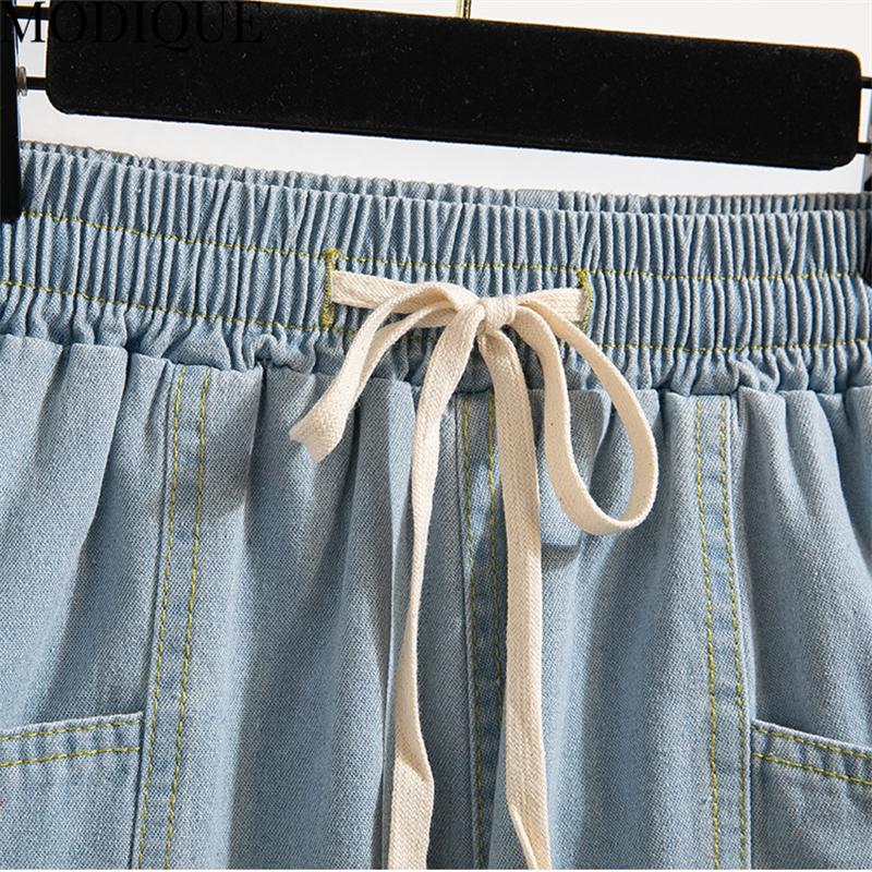 MODIQUE Été Femmes Grandes Tailles Ample Basiques Élastique Cordon de Serrage A-Ligne Jambe Large Short en Denim Féminin Décontracté Bleu Foncé Short