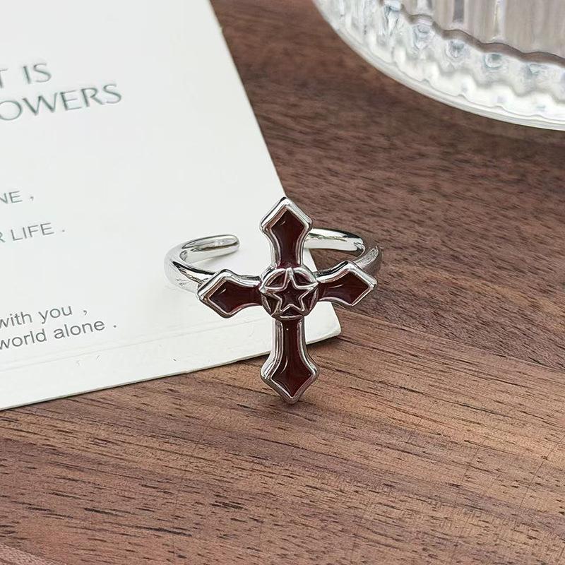Punk Spice Girl Red Cross Zircon Fashion Opening Ring Kusa Enamel Neutral Style Personality Simple Ring