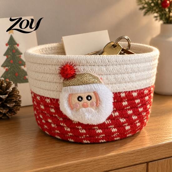 Durable Woven Bins Cotton Rope Storage Basket, Cute Christmas Theme Organizer, Handmade Bowls Decorative Fabric Bin for Snacks And Sundries