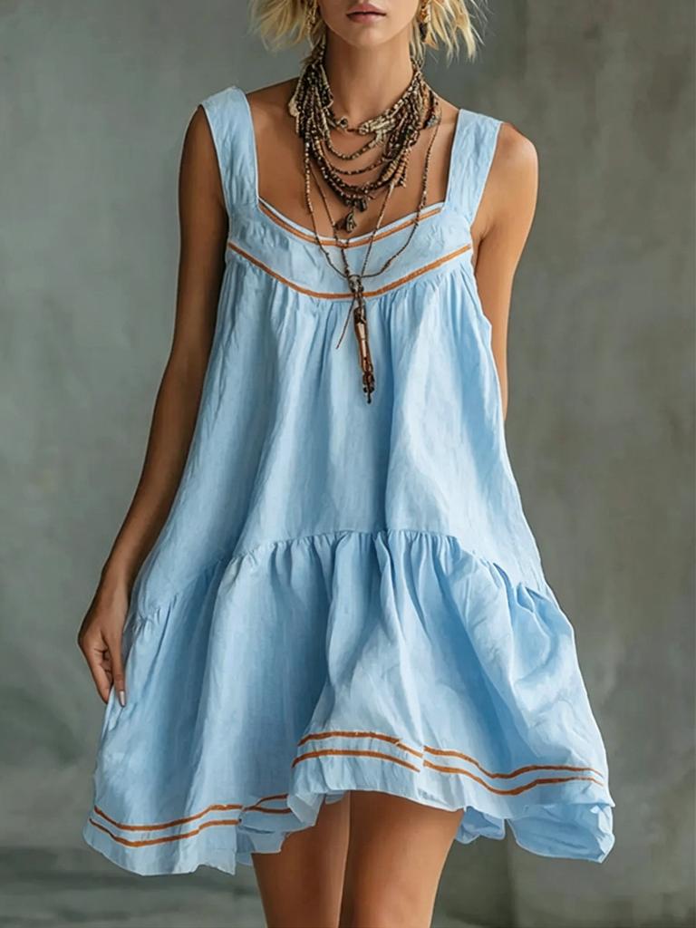 Damen ärmelloses quadratischer Ausschnitt mehrlagiges Minikleid lässig lockere Passform Sommerkleid