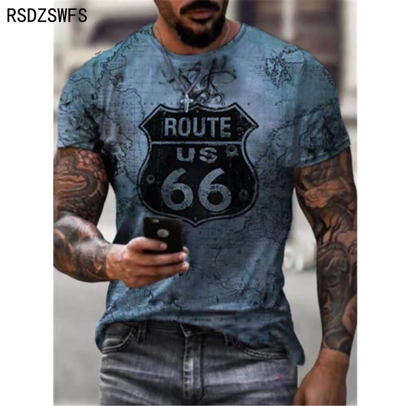 Summer Round Neck 3D Route 66 America Highway Print Top Fashionable Casual Short Sleeved Men's T-shirts