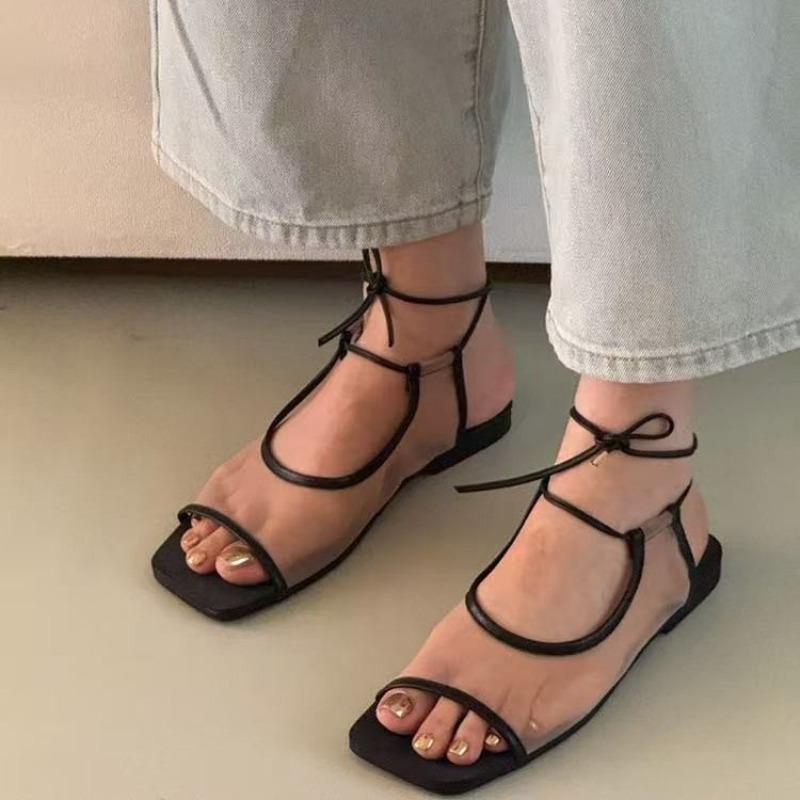 Fashion Flat Sandals Women's Fashion Round Toe Open Toe Mesh Lace-Up Soft Sole Anti-Slip Wear-Resistant Plus Size Romans