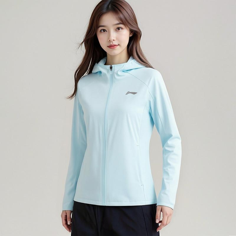 Li Ning Running Jacket Hooded Sports Windbreaker Women outerwear Light-Sky-Blue AFDV520-2