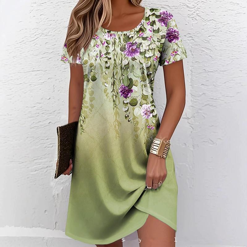 Elegant Floral Pattern Women Mini Dresses Summer Short Sleeve Printed Plus Size Casual Comfortable Soft Dress