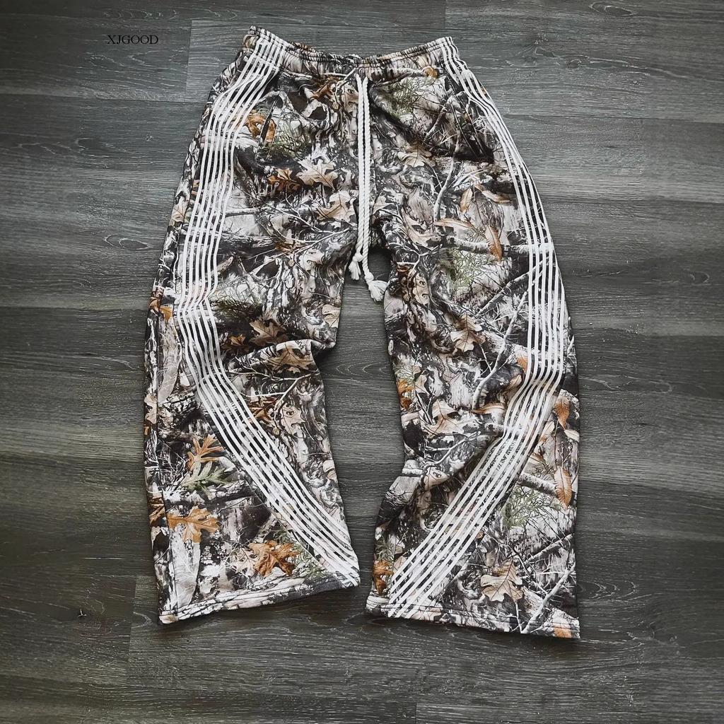 American Vintage High Street Drawstring Straight Pants Leaf Camouflage Functional Striped Wide Leg Pants Loose Casual Pants