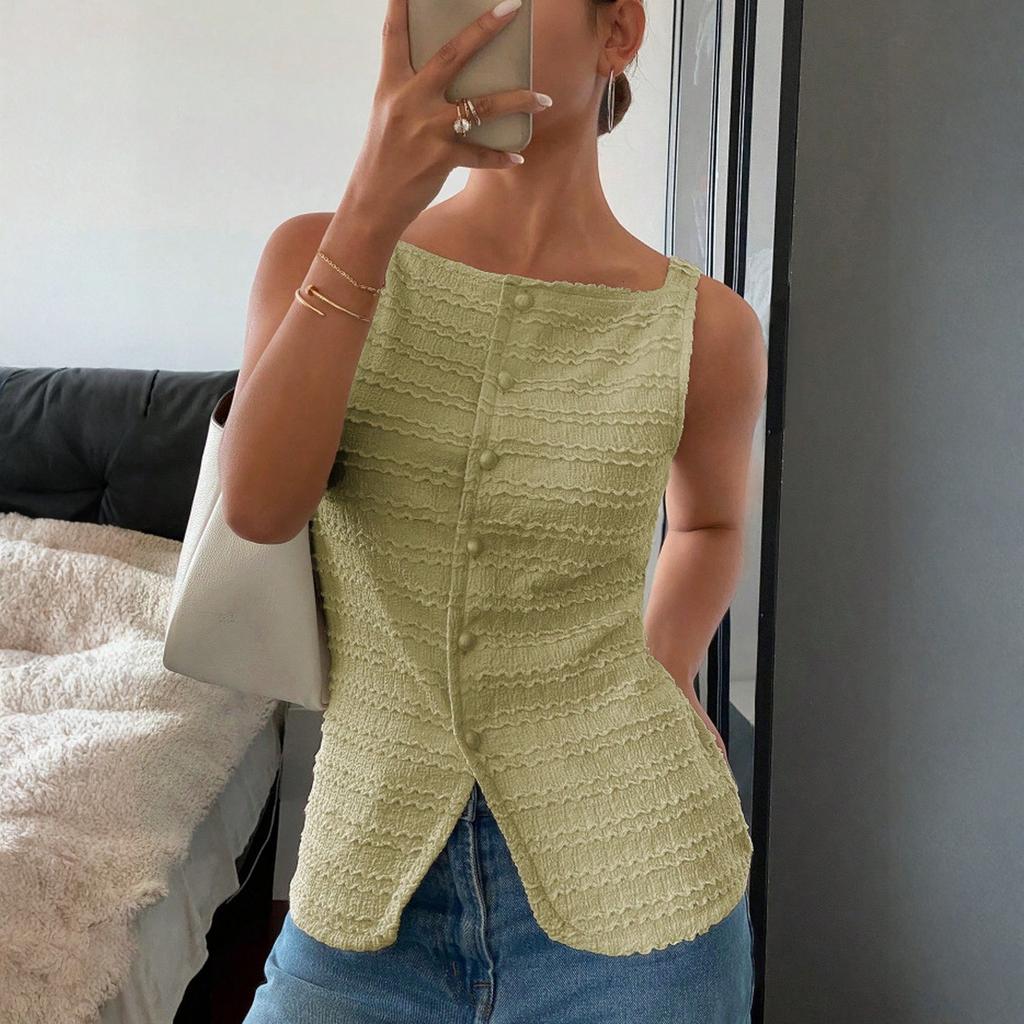 Top Colete Feminino Fashion Colorido de Botão Único Gola Redonda Sem Mangas Slim Fit