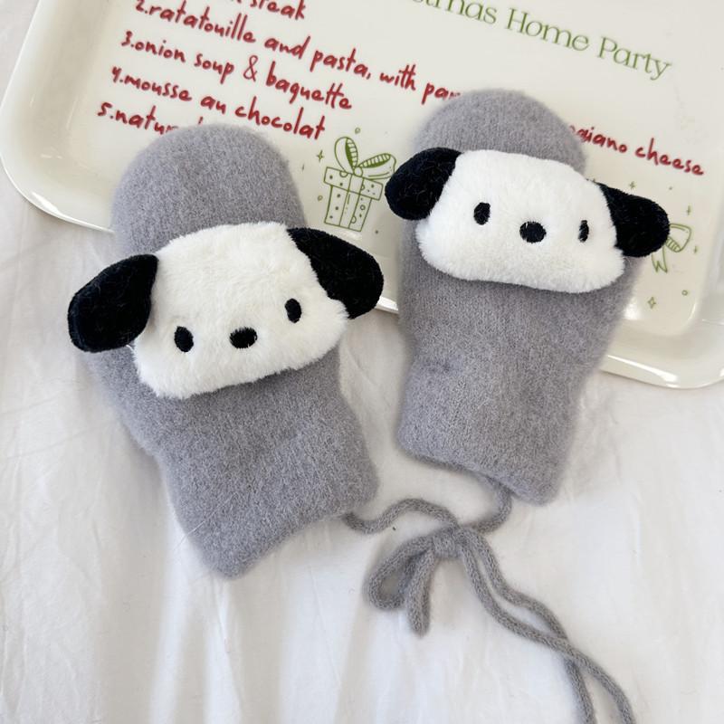 New Children's Gloves Cute Cartoon Doll Knitted Mittens Winter Warm Plus Velvet Thickened Hanging Neck Gloves