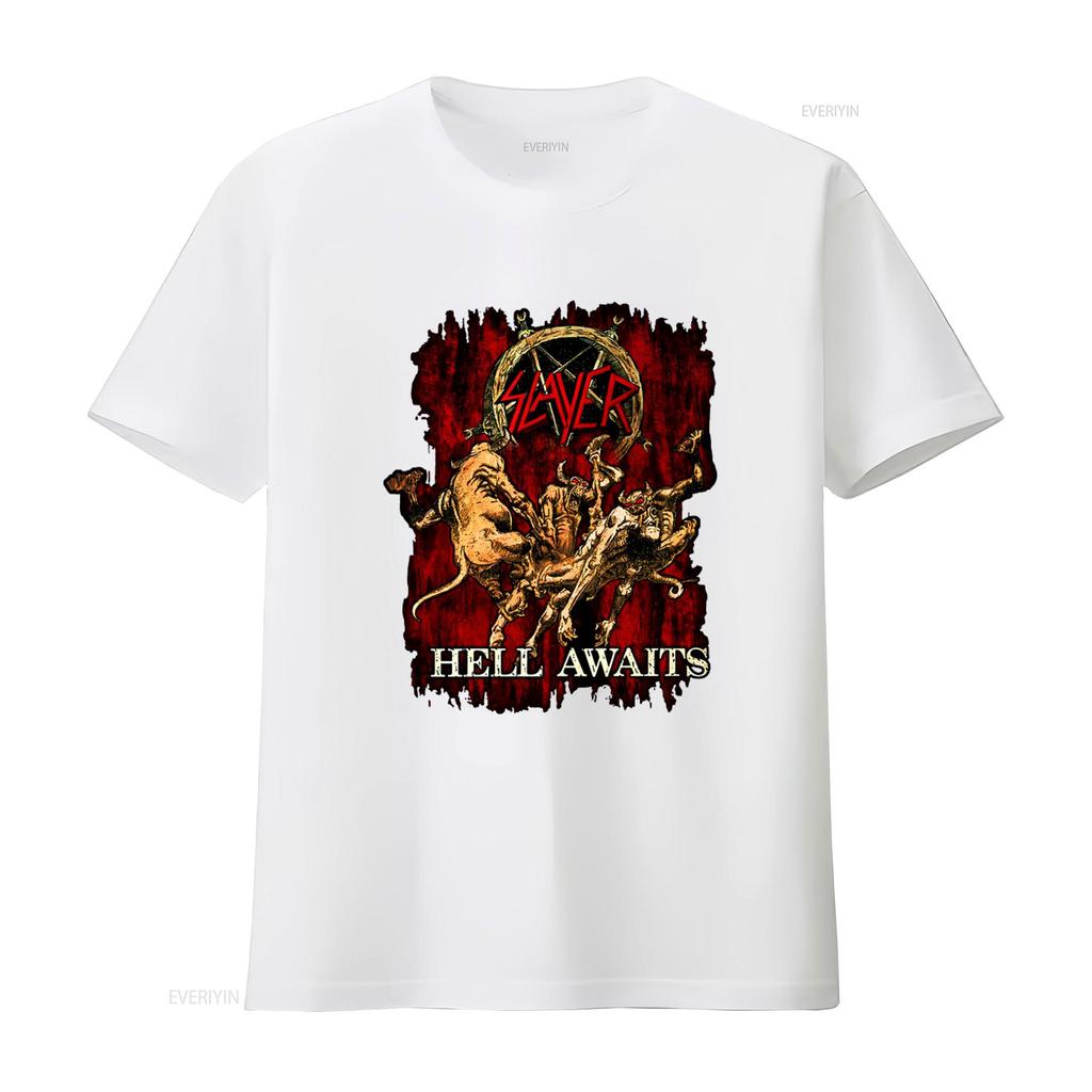 SLAYER Hell Awaits T Shirt Heavy Metal Band Design for Rock Fans Vintage Washed Designer Clothes Slightly Streetwear Homme