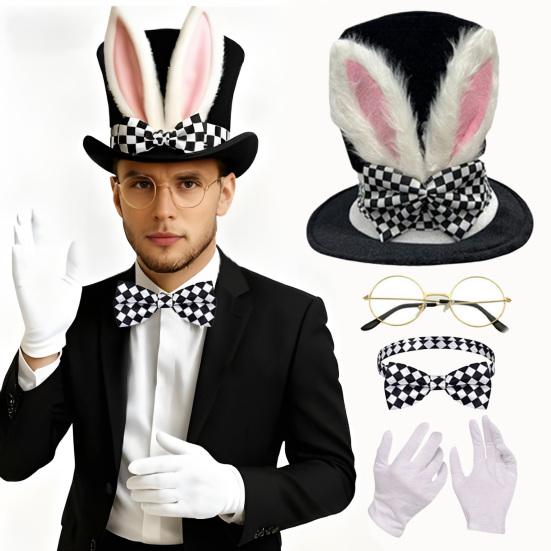 Rabbit Costume Set 4 Piece Bunny Ear Top Hat Glasses Necktie Gloves Set for Halloween Easter Cosplay Accessory