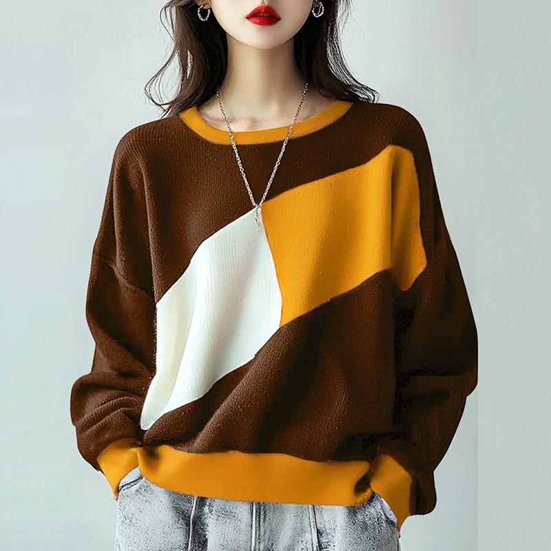 ZANZEA Women Casual Round Neck Long Sleeve Color Block T-Shirts