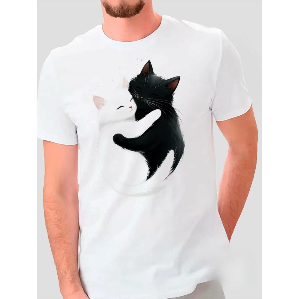 Cat Men Cotton T-Shirt Shy Kitten Cartoon Pattern Print Summer Round Neck Breathable Casual Short Sleeve Fashion T-Shirt