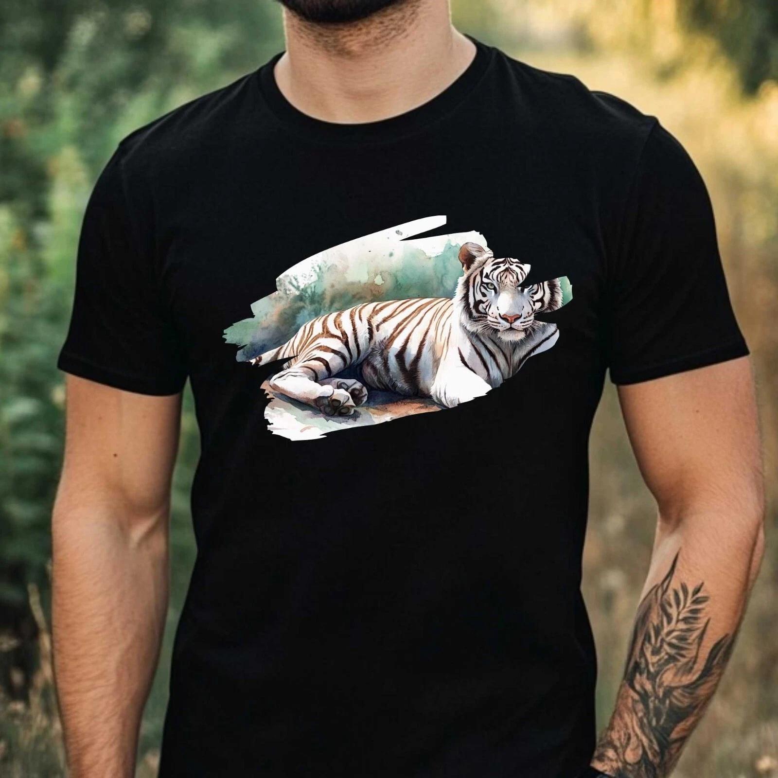 T-Shirt Herren Weißer Tiger Aquarell Motiv Baumwolle Größe XS bis 5XL M