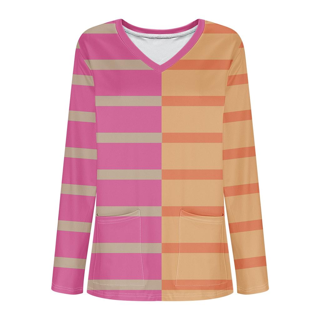 Women's Fashion V-Neck Long Sleeve Workwear With Pocket Striped Printed T-Shirt Top