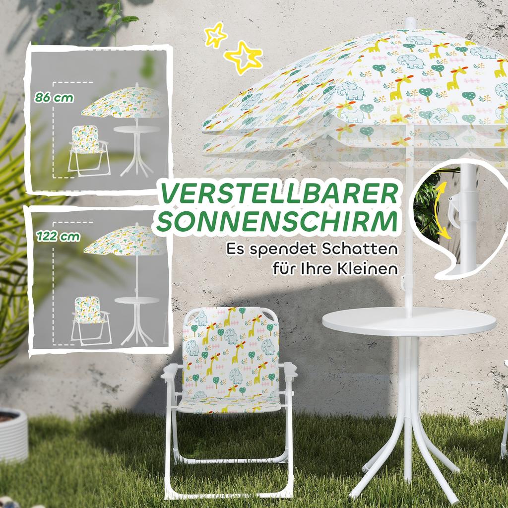Kids' Seating Corner, Folding Chair Seat Set with Parasol, Colorful Pattern, White