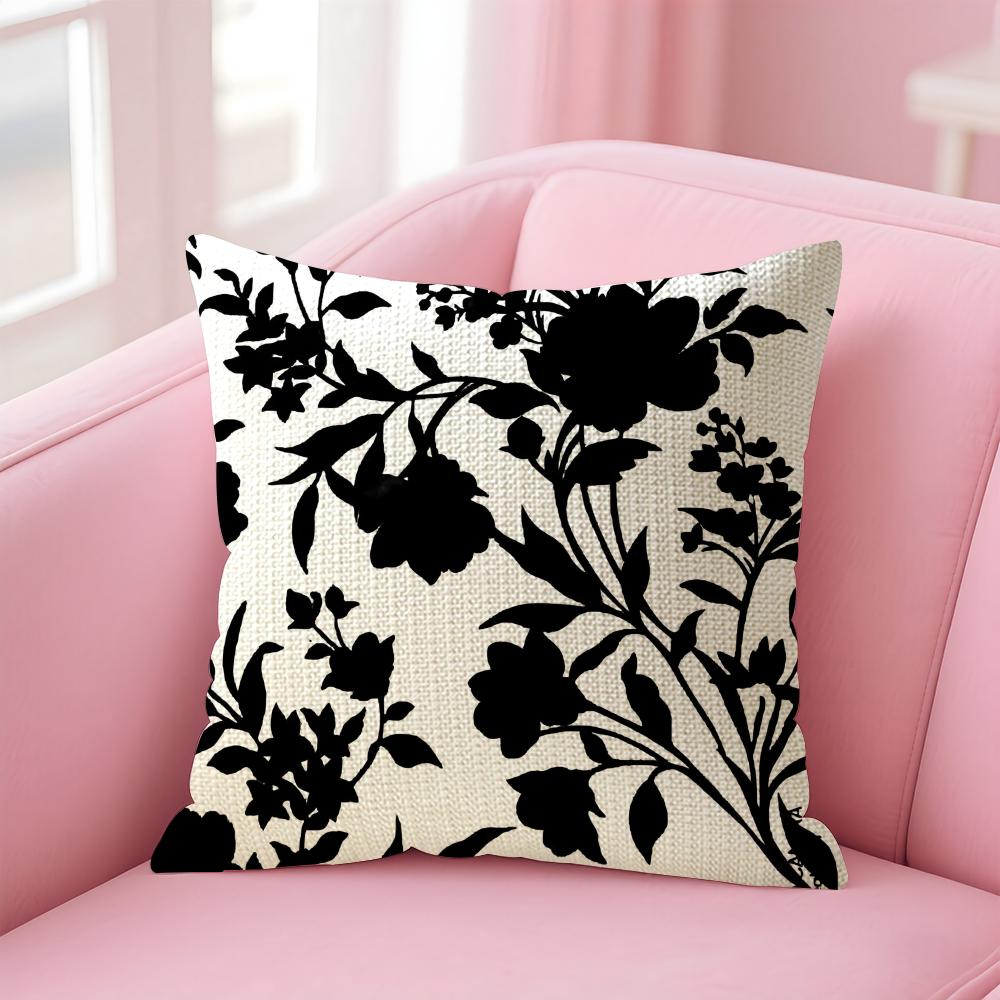 Black Ink Flower Cushion Cover Natural Linen Pillow Case DoubleSided Print Decorative Sofa Pillowcase Home Decor Gift