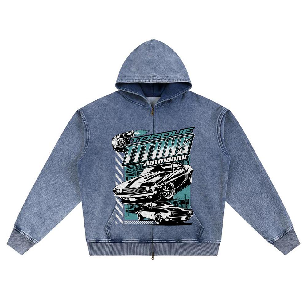DTG Print Knitted Denim Zip-Up Hoodie Torque Titans Brother Print Zipper Hoodies