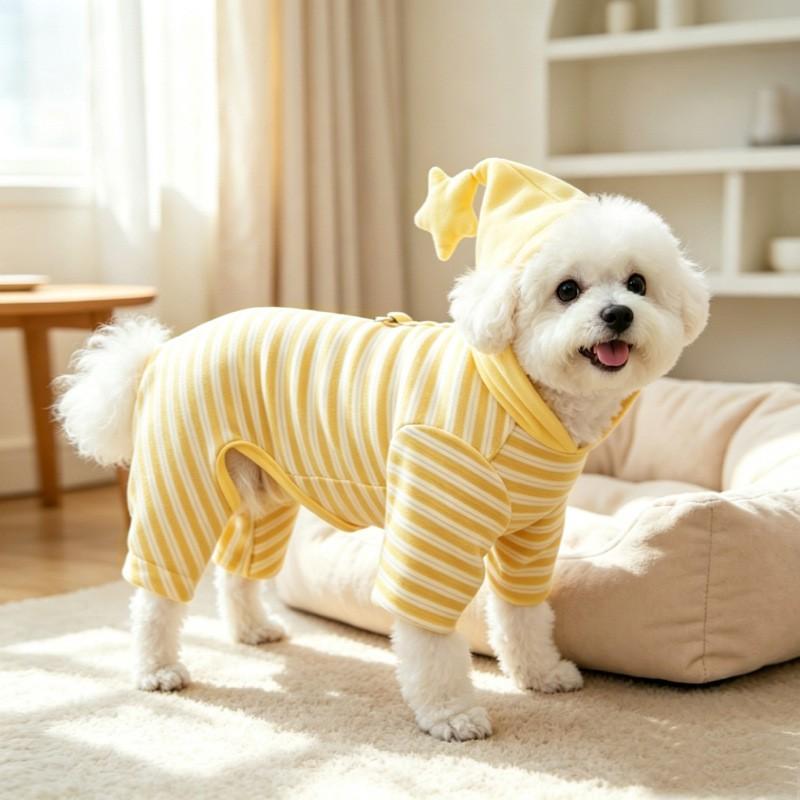 Winter Dog Hooded Jumpsuit With Star Print Yellow White Contrast 4-Leg Warm Coat Small Medium Breeds