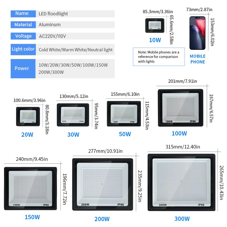 LED Floodlights 10W 20W 30W 50W 100W 200W Flood Light AC220V/110V Waterproof Outdoor Wall Garden Spotlight Reflector Focus Lamps