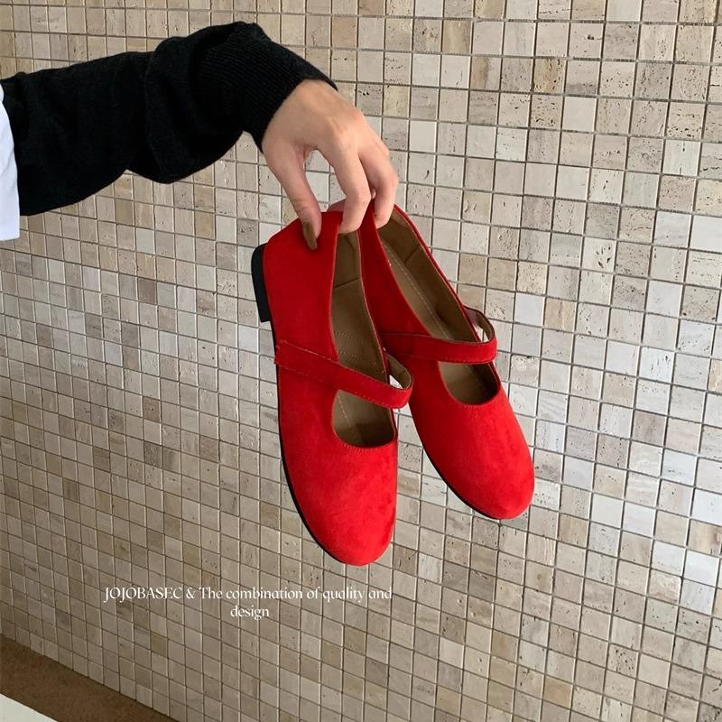 French retro suede ballet single shoes women's 2025 autumn new Korean version one-word strap flat Mary Jane women's shoes