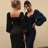 Sexy Solid High-waist Bodycon Dress For Women Elegant Fashion Latern Sleeve Dress Party Clubwear Formal Midi Dresses 30512
