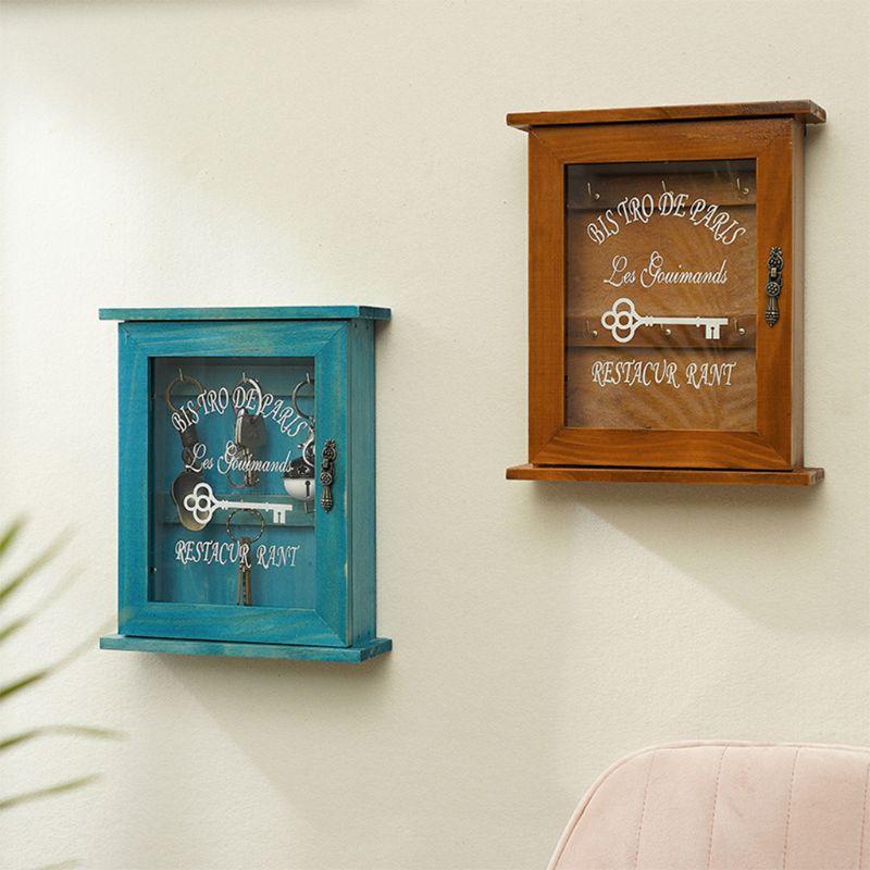 1pc Home Storage Organization Pastoral Style Key Hooks Cabinet Wooden Key Holder Box, Wall Art Decoration,25x21x6cm