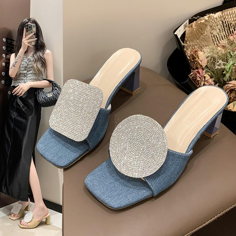 

New Summer Round Rhinestone Linen Woven Sandals for Women s Shoes Block Heels shoes for women 41