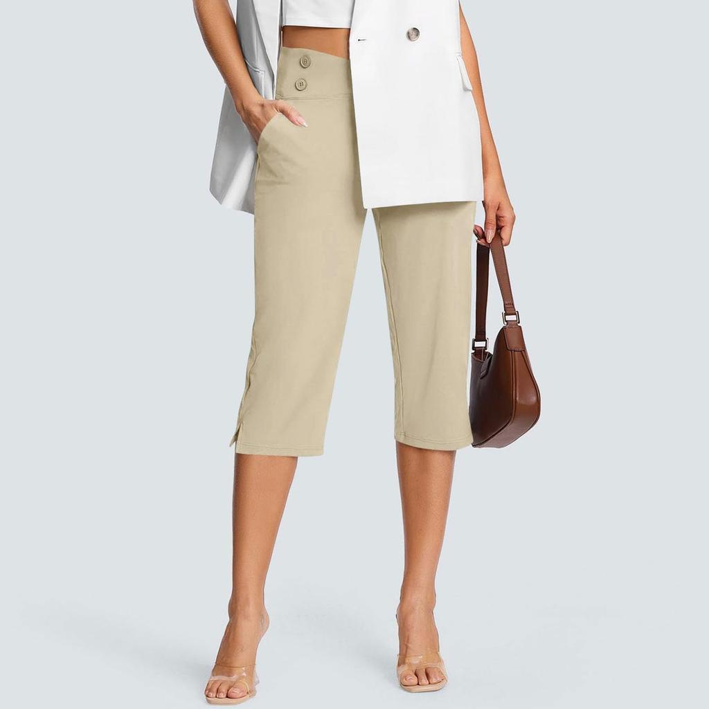 Women's Fashionable Solid Color Pocket Pants High Waist Sports Yoga Casual Cropped Pants
