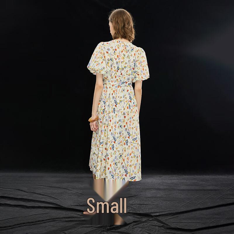 French Holiday Print Waist-Cinching Short Sleeve Dress