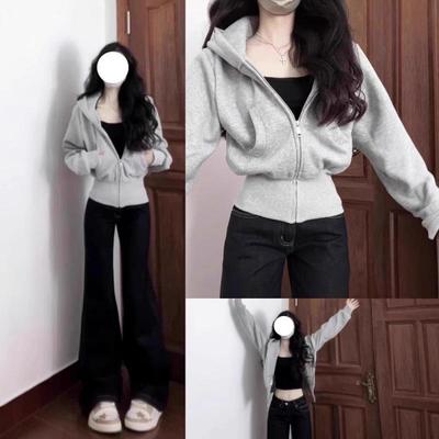 Women's Slimming Grey Hoodie Jacket - Versatile for Spring and Autumn