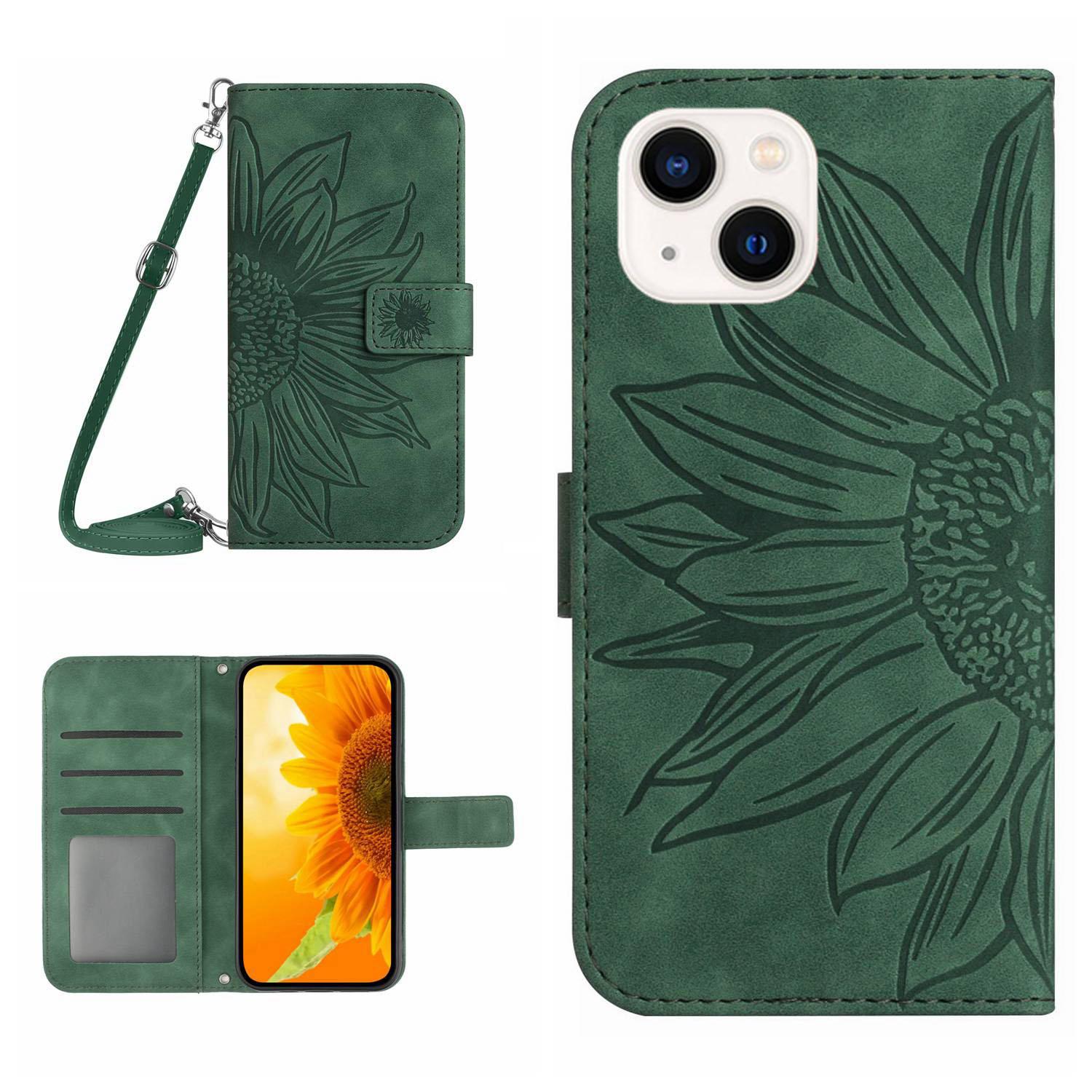 

HT04 Sunflower Imprint Phone Case for iPhone 15 Stand Shell Leather Wallet with Shoulder Strap Dark Green