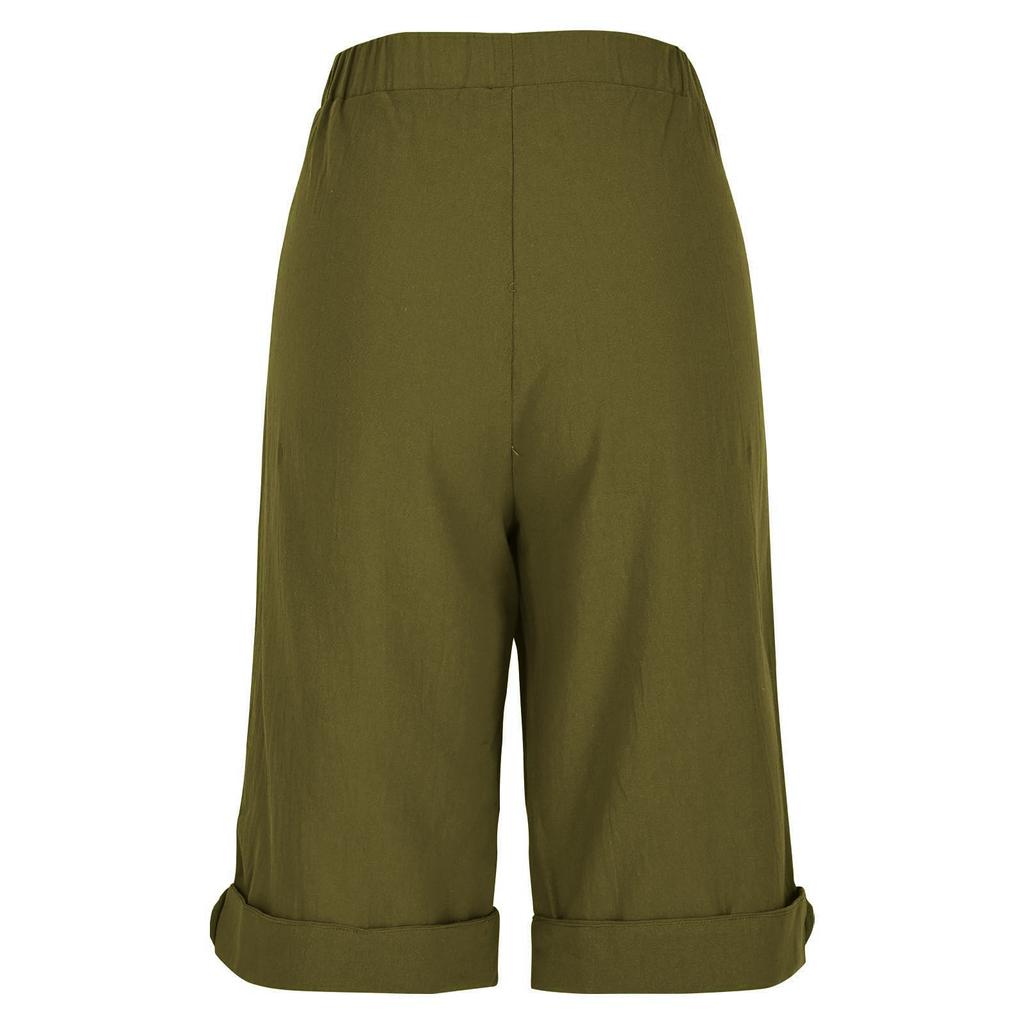 Women's Summer Fashion Color Elastic Waist Cotton Linen Five Quarter Pants Casual Loose Rolled Edge Pocket Shorts
