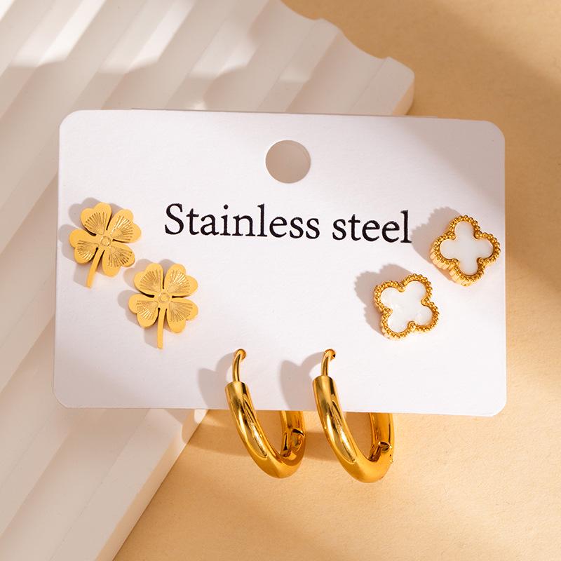 Elegant Stainless Steel Butterfly & Four-Leaf Clover Earrings: Colorfast, Versatile Design for Women.