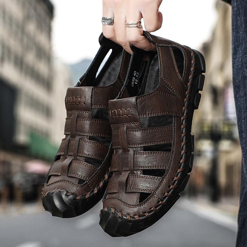 Men Black Leather Closed Toe Outdoor Roman Summer Walking Hiking Sandals Beach Shoes Plus Size