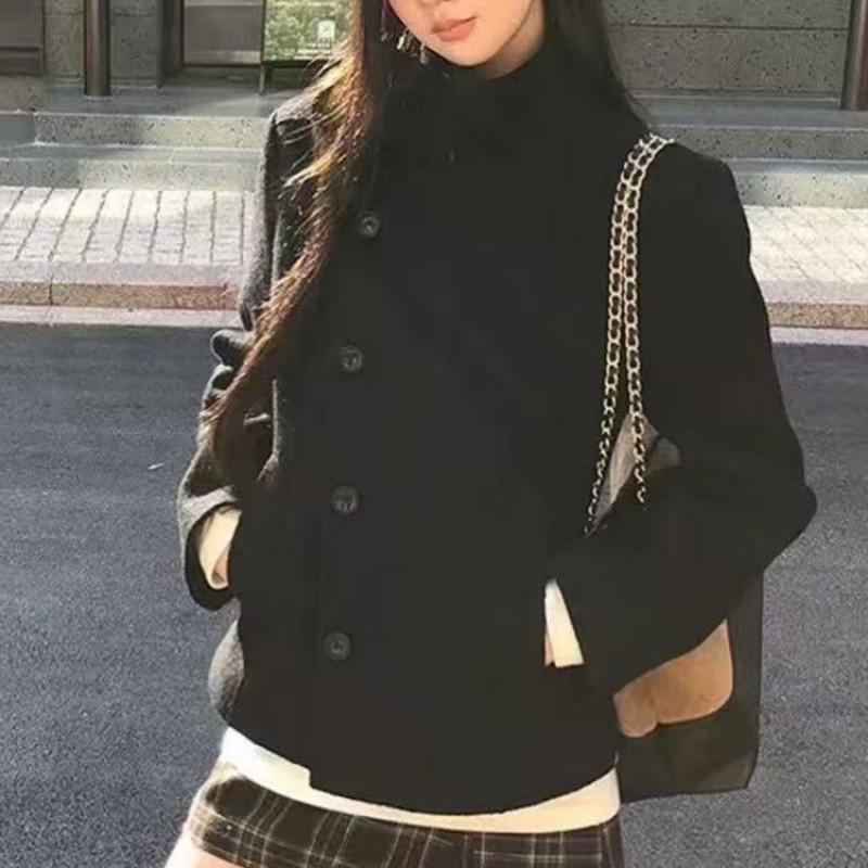 Womens Black Cotton Padded Short Wool Jacket Slim Fit Stand Collardiagonal Buttondiagonal PlacketWomens