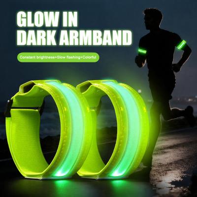 2Pcs LED Light-Up Armband High Visibility Luminous Reflective Safety Band Adjustable Outdoor Night Walking Running Riding Glow Arm Strap