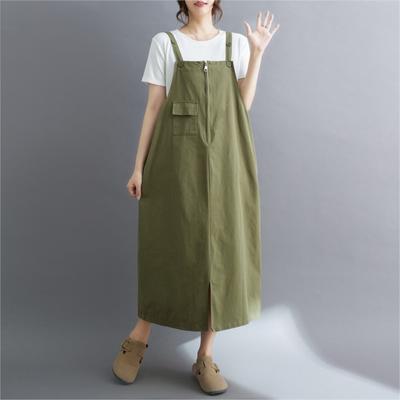 Summer Japanese Korean Retro Loose Dress Casual Solid Color Strap All Match Simple Pockets Women Dresses