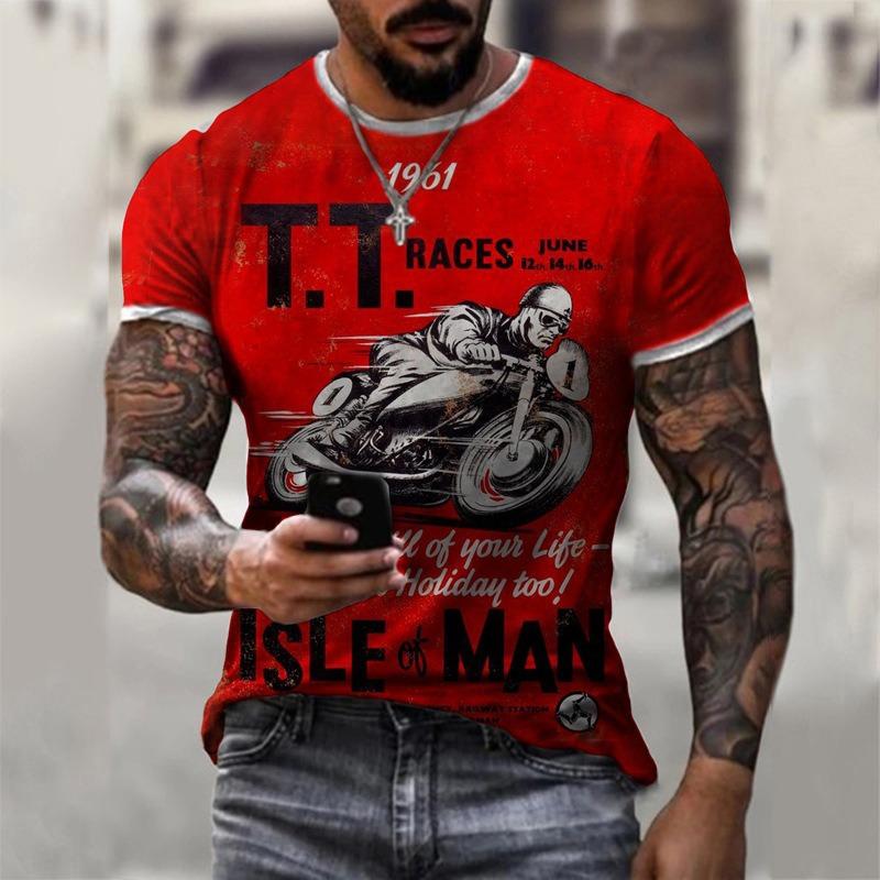 Top Estivo Girocollo Stampa 3D Motivo Motocicletta alla Moda Casual Manica Corta T-shirt da Uomo