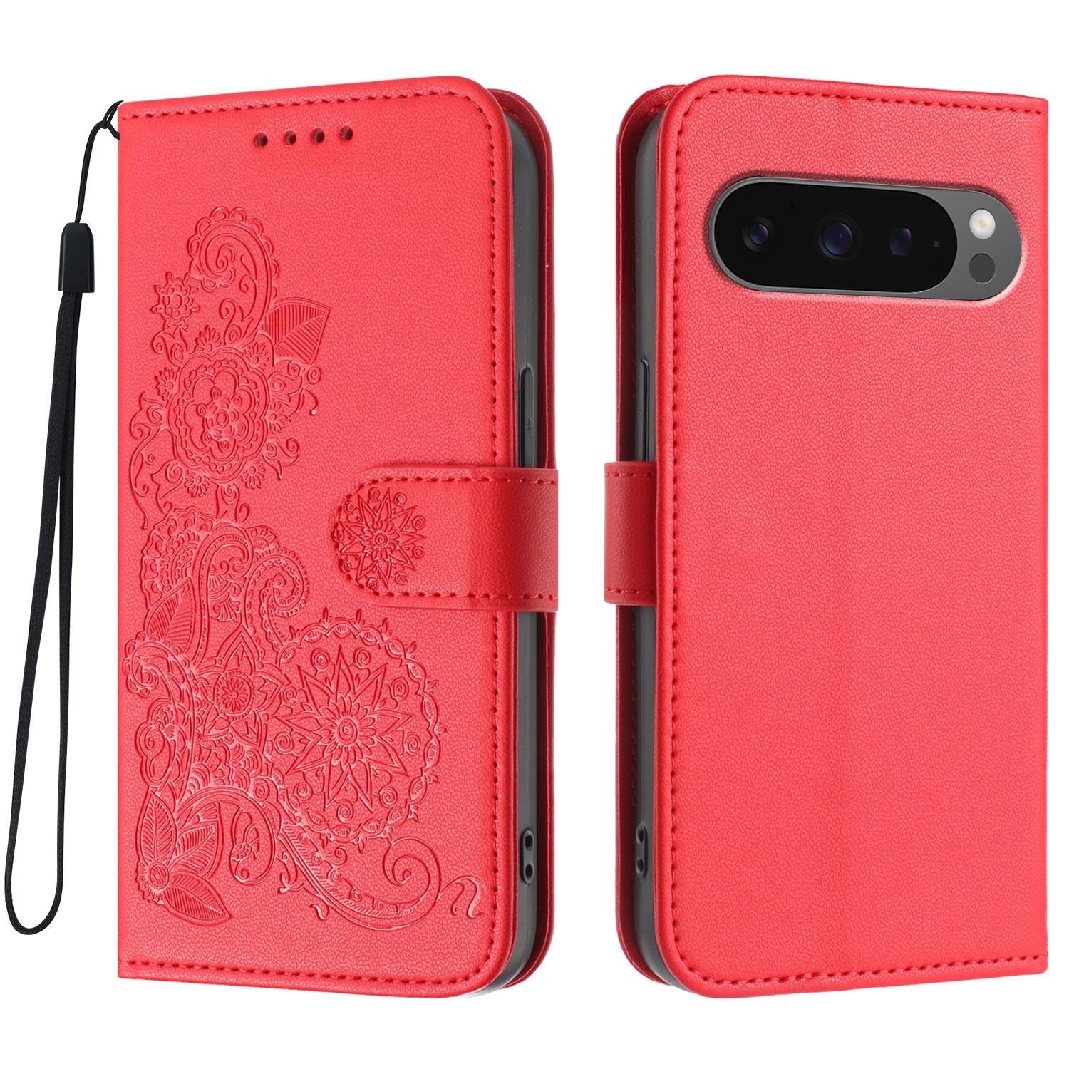 

For Google Pixel 10 Pro/Google Pixel 9/Google Pixel 9 Pro/Google Pixel 10 Phone Cases Mandala Flower Leather Wallet Mobile Cover with Strap Red