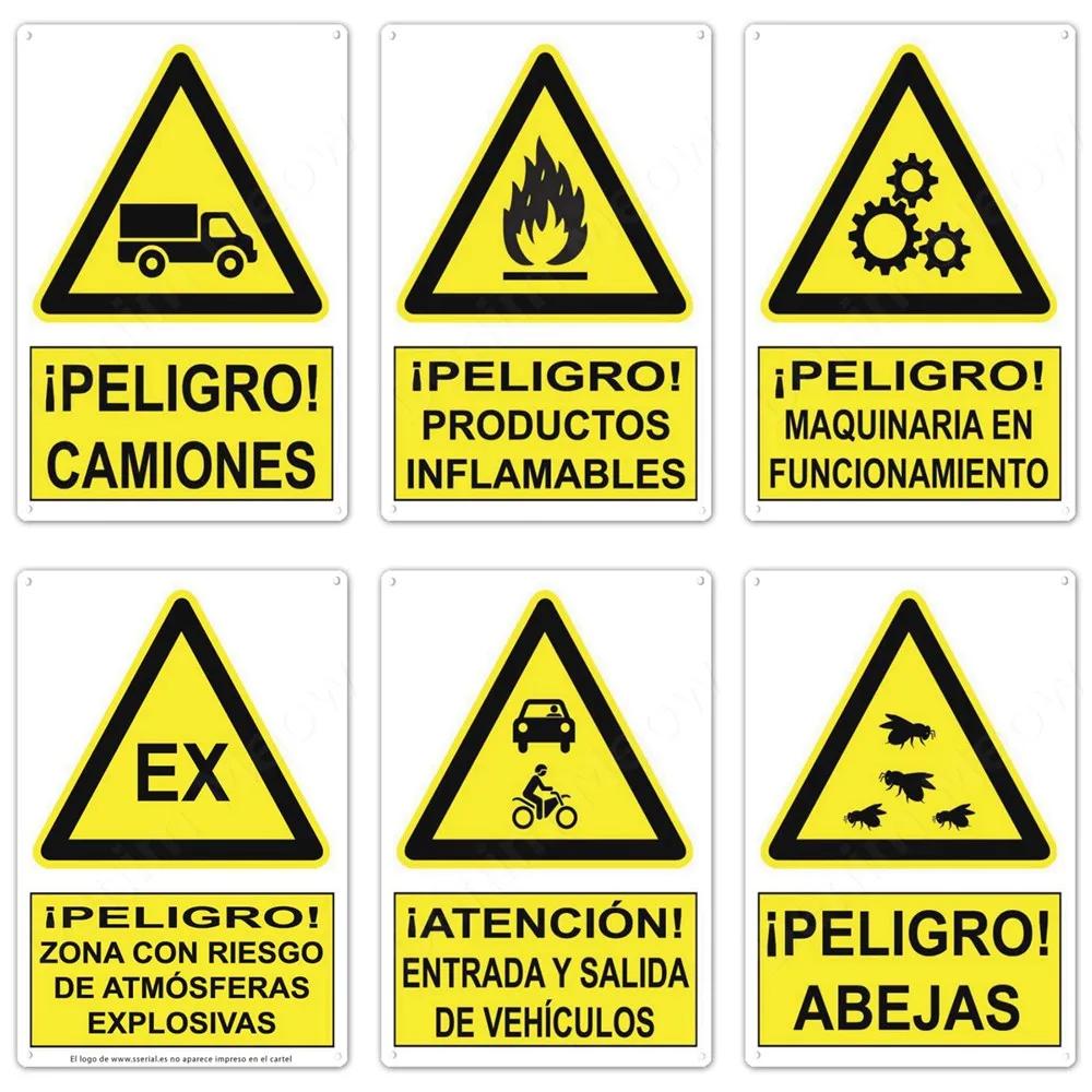 Spanish Warning Sign, Danger Metal Sign for Street, Yard, Bar, Workshop Decor, Yellow Waterproof Caution Signs, Outdoor Indoor