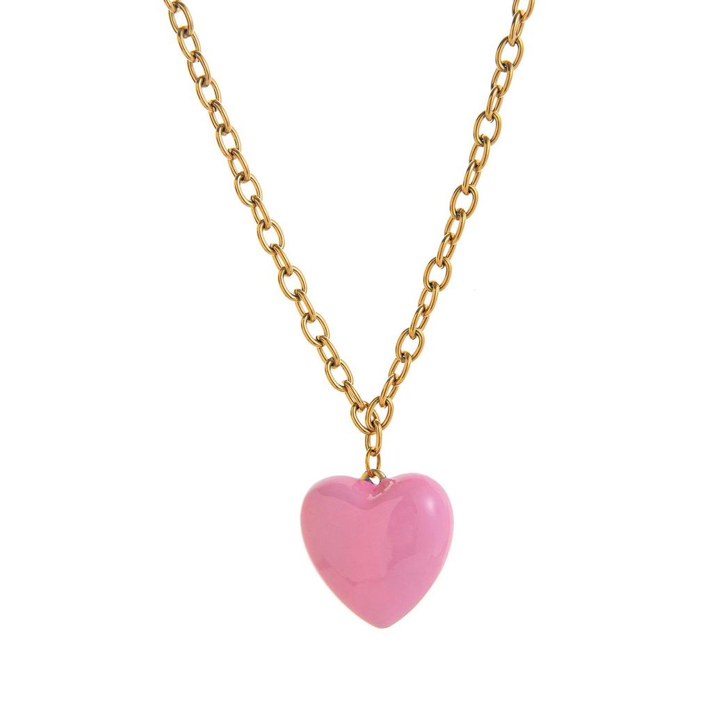 European Minimalist Heart Necklace: Titanium Steel, Colorfast, Drip Glaze, Retro 18K Gold Electroplated