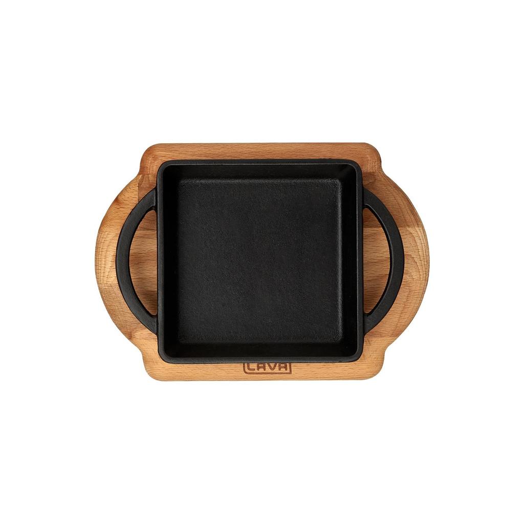 Lava Cast Iron Square Skillet. Dual Handle, With Wooden Platter  12X12cm.