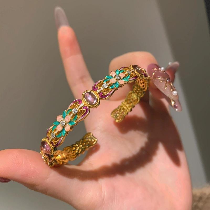 Chinese Enamel Drop Glue Color Purple Chalcedony Flower Ring Bracelet Diamond-Set Multi-Faceted Versatile Temperament Guochao Hand Jewelry